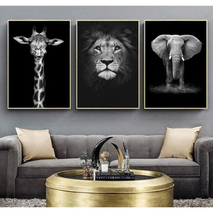 Tableau Toile Éléphant Lion Girafe Noir Et Blanc - 3 Panneaux 40x60 Cm - Décoration Murale Moderne - 2