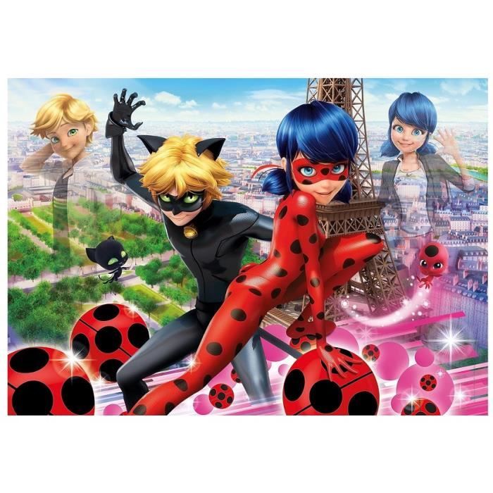 Puzzle Miraculous 104 pieces Ladybug et Chat Noir a Paris 38x27cm Super Heros Dessin anime Des 6 ans Puzzle enfant carte