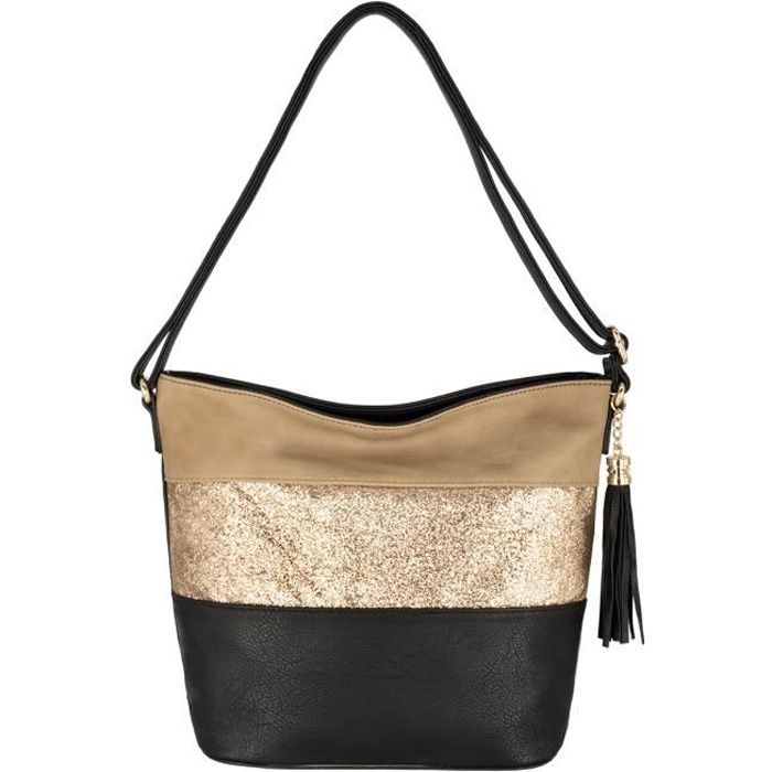 crazychic - sac bandoulière paillette femme - sacoche besace fourre-tout cuir souple porté main epaule - rayure multicolore - noir