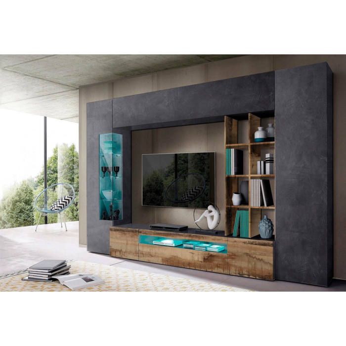 Dmora - Meuble mural Ocean 290x40h192 cm érable ardoise Panneau effet bois et Verre