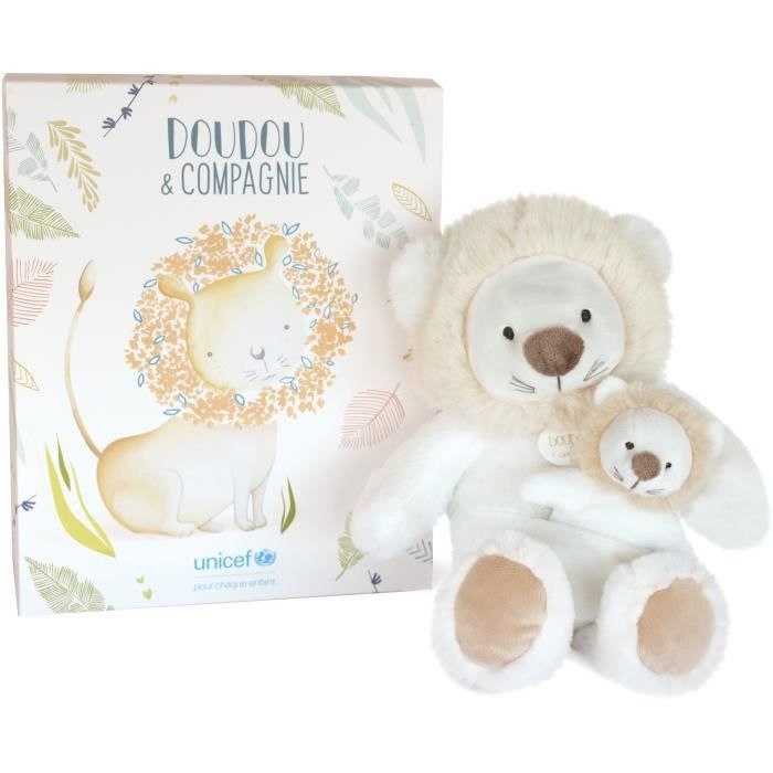 Doudou et Compagnie -UNICEF BEBE et MOI - Lion - 25 cm - Beige - Boite cadeau - DC3792