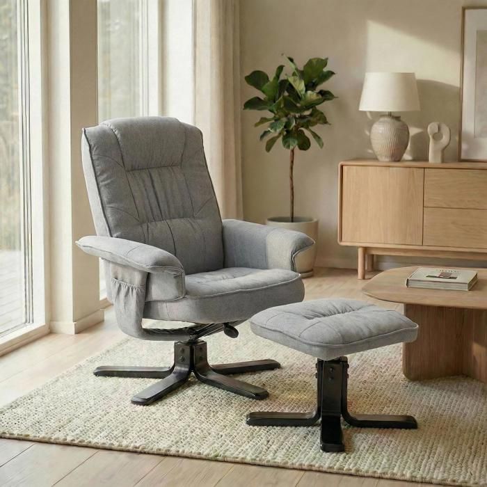 Fauteuil de relaxation avec repose-pieds CHARLY, en tissu gris et pieds noir