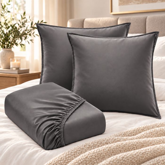 Ensembe drap housse 160 x 200 cm + 2 taies 60 x 60 cm en bambou de satin Salomé Anthracite