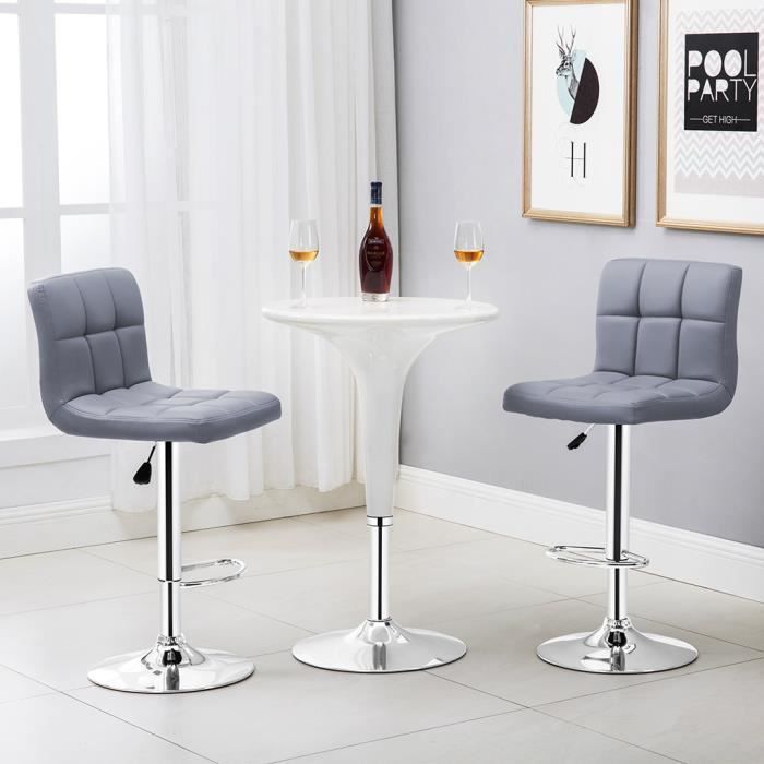 LANGRIA Lot de 2 Tabourets de Bar Rembourrée Capitonné en Similicuir Dossier et Repose-Pieds Ajustables Gris LANGRIA Lot de 2 Tabourets de Bar Rembourrée Capitonné en Similicuir Dossier et Repose-Pieds Ajustables Gris