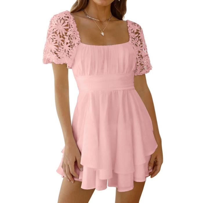 Femme Bustier Robe Manches Courtes en Dentelle ALine Mode Taille Élastique Tenue RoseXL Rose