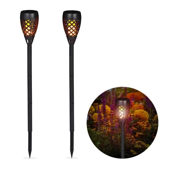 lot de 2 torches solaires pour jardin - relaxdays - noir - flamme dansante - 78 x 9 cm