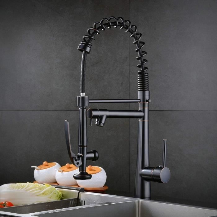 Robinet Cuisine Noir Avec Douchette - Mitigeur Laiton Bec Pivotant 360°