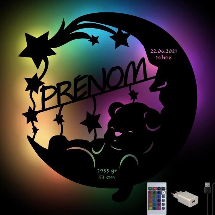 Lampe LED Murale Personnalisée En Bois Gravé Avec Prénom - Veilleuse Gamer USB RGB Télécommande - Déco Chambre Enfant Garçon Fille - Cadeau Anniversaire Unique