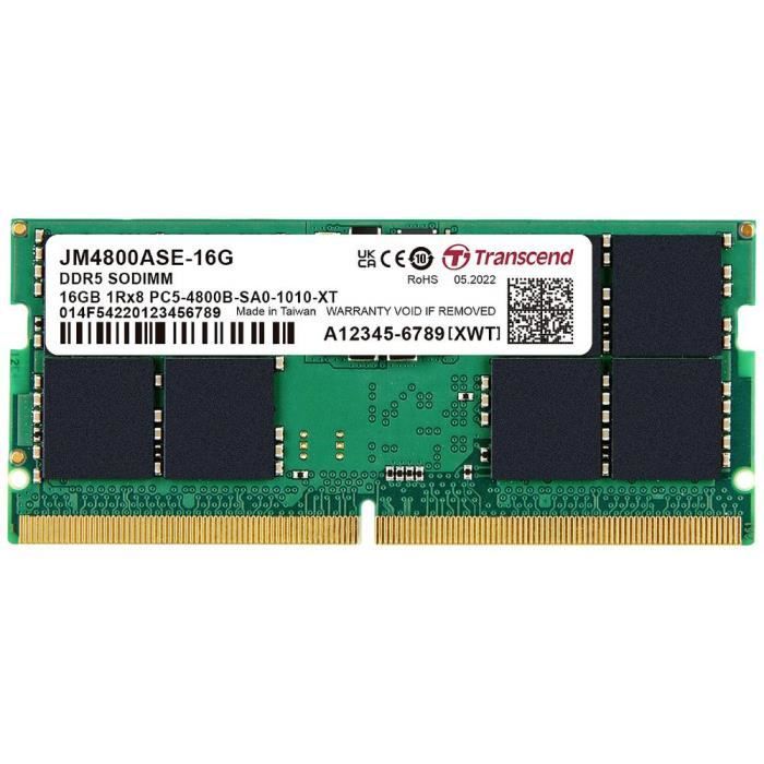 Transcend JM4800ASE-16G Module mémoire pour PC portable DDR5 16 GB 1 x 16 GB ECC 4800 MHz SO-DIMM 262 broches CL40 JM48