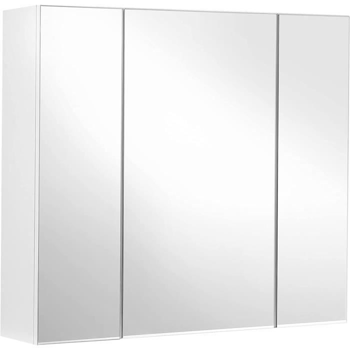 armoire murale salle de bain - vasagle - moderne - blanc - 3 portes - miroir - 60 x 15 x 55 cm