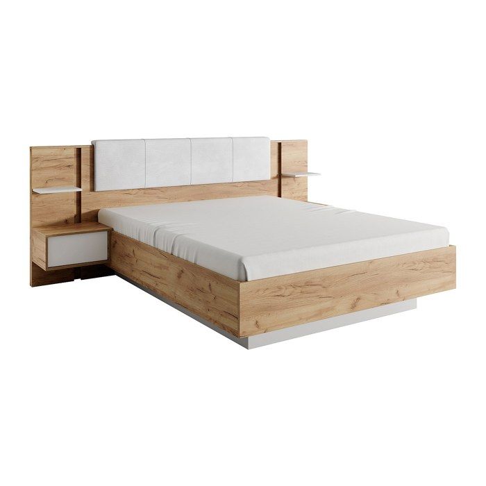Lit avec chevets 160 x 200 cm - Avec LEDs - Coloris : Naturel et blanc - ELYNIA