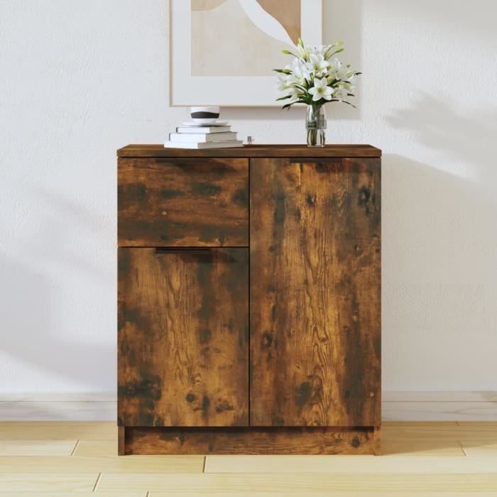 Buffet Bas - Chêne Fumé - 60x30x70 cm - 4 Portes - Bois dIngénierie - Style Scandinave