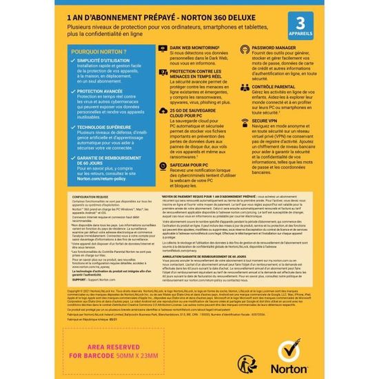Antivirus NORTON 360 Deluxe - 25Go - 1 Utilisateur - 3 Appareils - 12 Mois  (via clé d'activation envoyée sur votre boite mail)