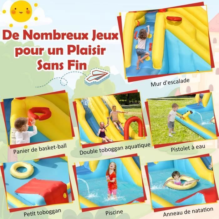 DREAMADE Château Gonflable Aquatique Crabe – Double Toboggan, Piscine, Canon à Eau – 500x400x250 Cm – Pour 1 à 5 Enfants (3-10 Ans)