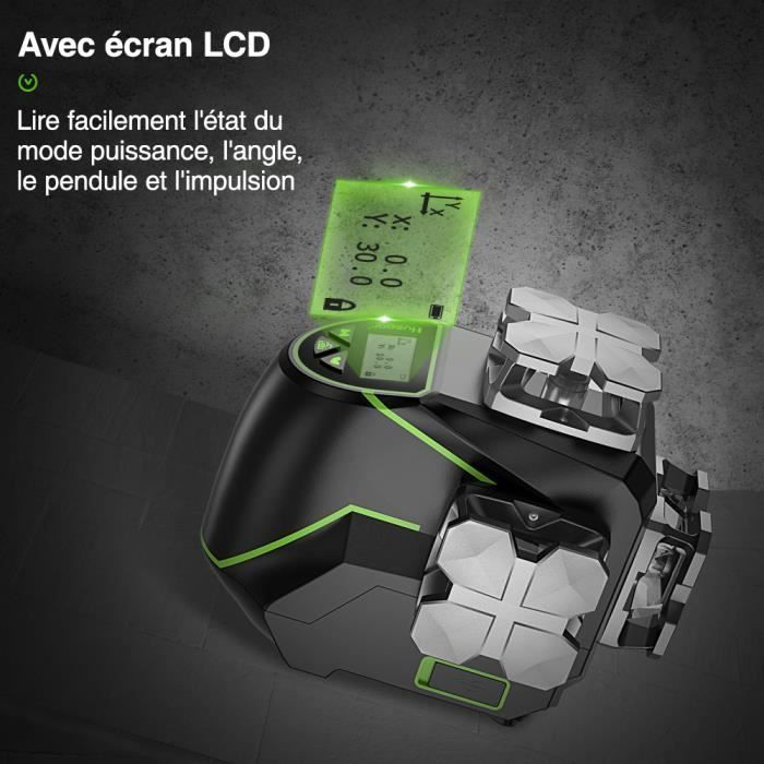 Huepar Niveau Laser 3D en Croix Faisceau Vert 12 Lignes Fonction  Bluetooth&Télécommande Éran LCD avec Etui de Transport Rigide-S03CG -  Cdiscount Bricolage