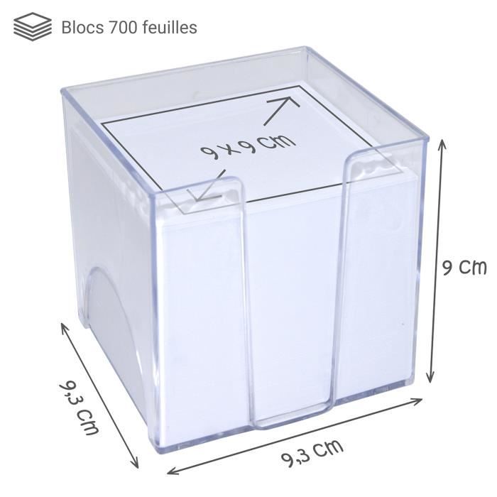 Cube transparent + bloc de 700 feuilles blanches, 9 x 9 x 9 cm