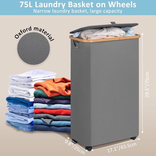 Efluky Panier à Linge Sur Roues 75L Étroit Avec Couvercle - Pliable, Poignées Bambou Et Sac Amovible Pour Chambre, Salle De Bain Et Buanderie
