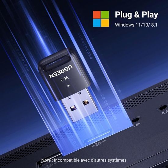 Dongle Bluetooth 5.3 USB - Plug & Play Pour PC Windows - Compatible Casque, Souris, Manette Et Plus (Noir)