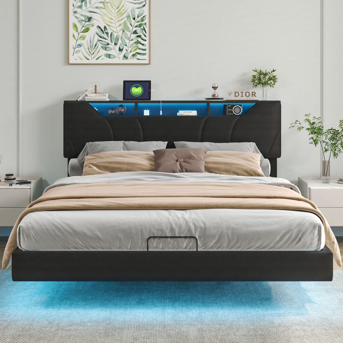 Lit Coffre 140x200 Cm Fofetbfo Avec Rangement Hydraulique - Lit Double Rembourré Gris USB Type C