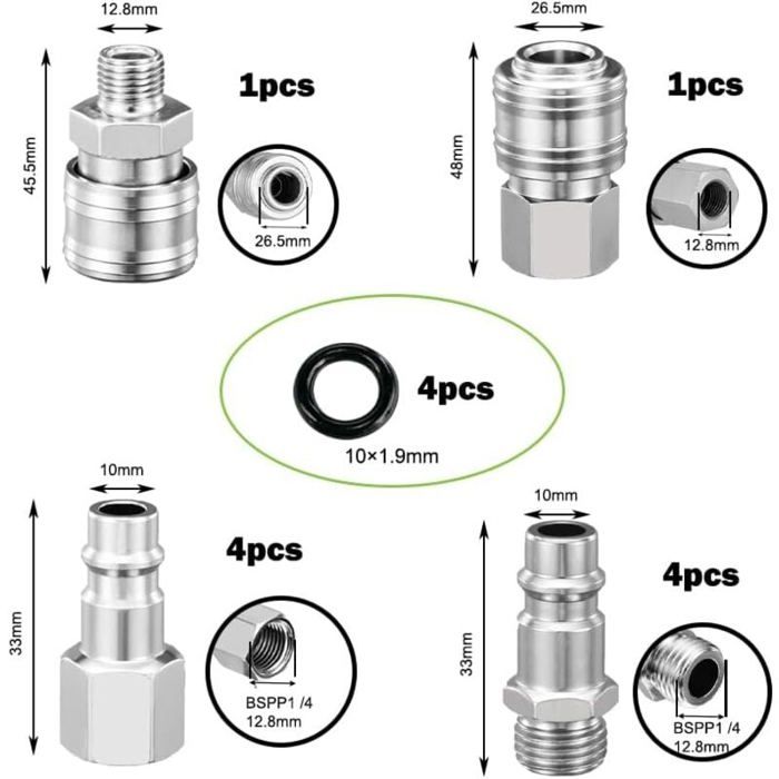 Kit De 10 Raccords Rapides Pneumatiques 1/4 BSP En Laiton - Pour Compresseurs Et Outils à Air Comprimé - Inclus Embouts Mâles Et Femelles