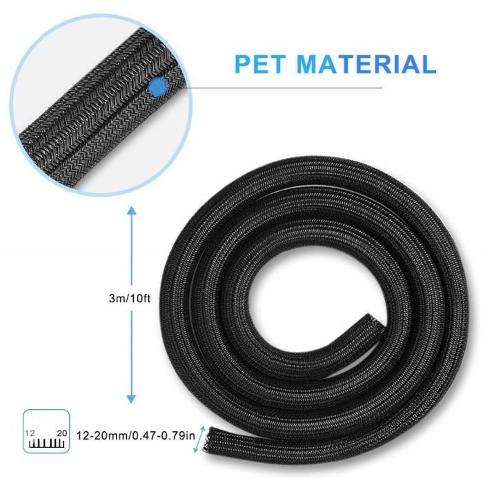 Gaine Tressée Pour Câbles 3m - Diamètre 13mm Réglable - Protection Anti-chien/Poussière - Pour TV, Voiture, Bureau - Blanc
