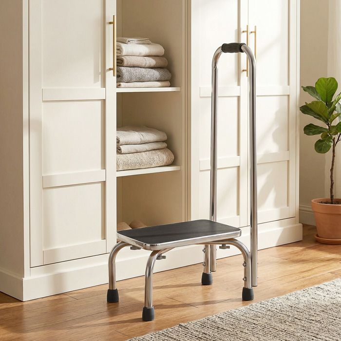 Marchepied De Sécurité Pour Salle De Bain Avec Main Courante Stable – Acier Robuste Blanc, Hauteur 25,5 Cm, Idéal Personnes Âgées