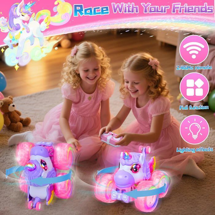 Joellfuner Voiture Télécommandée Licorne – 360° Cascadeuse LED, Tout-Terrain – Cadeau Fille Garçon Dès 3 Ans