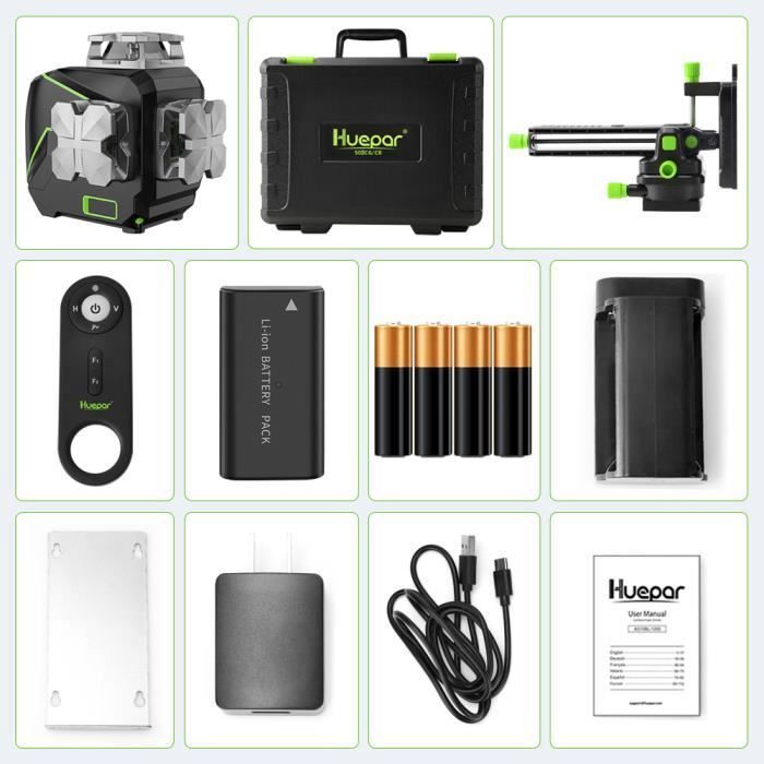 Huepar-Niveau laser croisé à nivellement automatique, 2x360 °, faisceau  vert, contrôle Bluetooth extérieur, trépied récepteur, batterie Eddie Ion