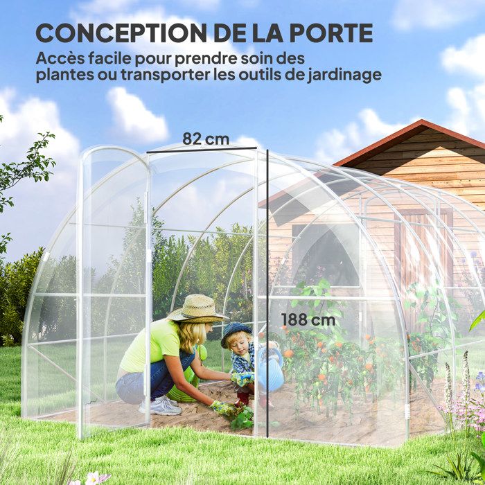 Serre De Jardin Tunnel Outsunny 12 M² (4x3x2 M) - Bâche PE 140 G/m² Résistante Aux UV - Porte Enroulable, Fenêtres En Maille - Acier Galvanisé