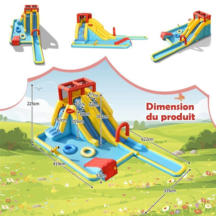 Château Gonflable DREAMADE 3-10 Ans – Avec Saut, Escalade, Toboggan Aquatique, Piscine, Tunnel Et Pendule