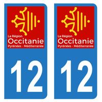 Lot 2 Autocollants Stickers plaque immatriculation voiture auto département 12 Aveyron Logo Région Occitanie