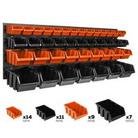 Lot de 41 boîtes XS S et M bacs a bec orange et noir pour système de rangement 115 x 39 cm au garage