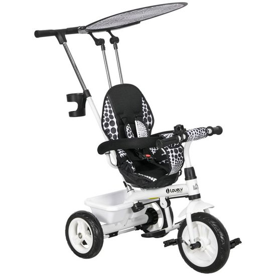 Tricycle évolutif Enfant Avec Canne, Pare-soleil, Panier Et Sacoche – Acier, Jusqu’à 5 Ans