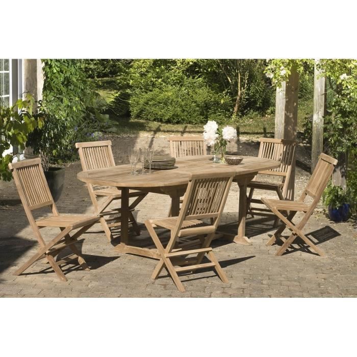 Ensemble en teck massif table extensible ovale de jardin 180 - 240 cm + 6 chaises JARDITECK