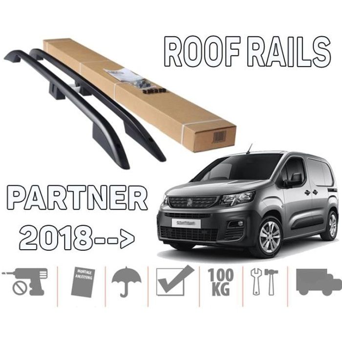 Barres de toit pour Peugeot Partner III 08-2018> court longitudinales noir alu + pieds plastique noir