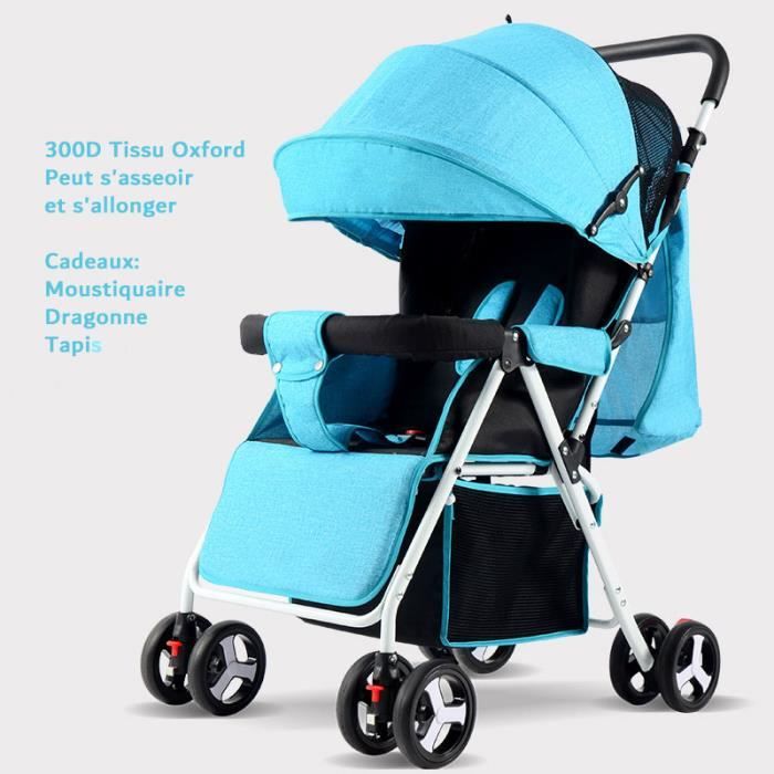 Poussette Canne Bébé Pliable Inclinable Poussette Légère Compacte de Voyage Pour Avion Multi-Position Cadeaux 3 Pièces Bleu Clair