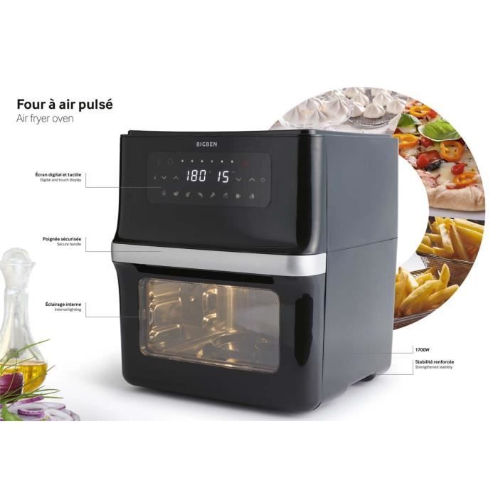 Four cyclonique - Capacité 12L - Puissance 1 700W - Alimentation secteur 230V - Panier, 2 grilles, poignée rotisserie, plaque de cui