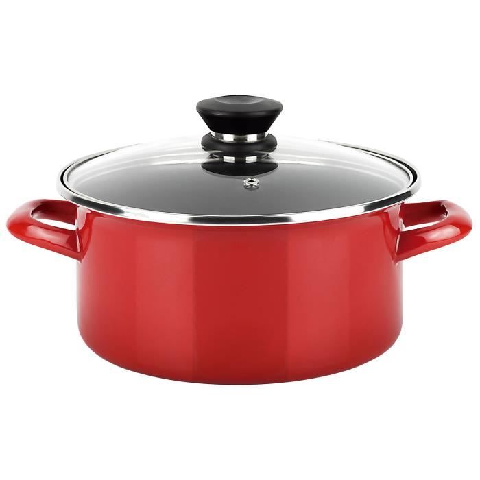 Casserole Induction 24 cm Acier Émaillé, Antiadhésif sans PFOA, Couvercle Verre FAGOR Optimax  Rouge 00925