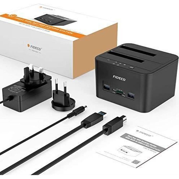 Docking Station, FIDECO Station d'accueil pour 2 Disques Durs SATA USB 3.0 Fonction Clonage Disque Dur 2,5 Pouces et 3,5 Pouces HD