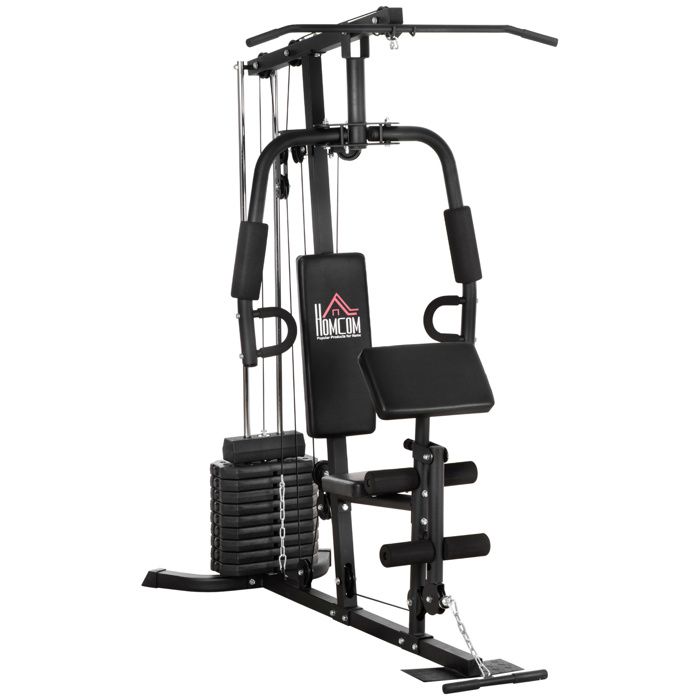 HOMCOM Station de musculation fitness avec 9 blocs de poids de 5 kg entrainement complet - dim.180L x 108l x 200H cm