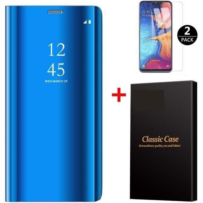 coque GALAXY A21S + 2x vitre verre trempé etui FLip cover samsung bleu