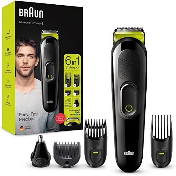 Braun 3 Tout-En-Un Rasoir Électrique Homme de Précision Oreilles & Nez, Noir/Vert, 6-En-1 Avec Lames Affûtées Inusables, Tondeuse Or