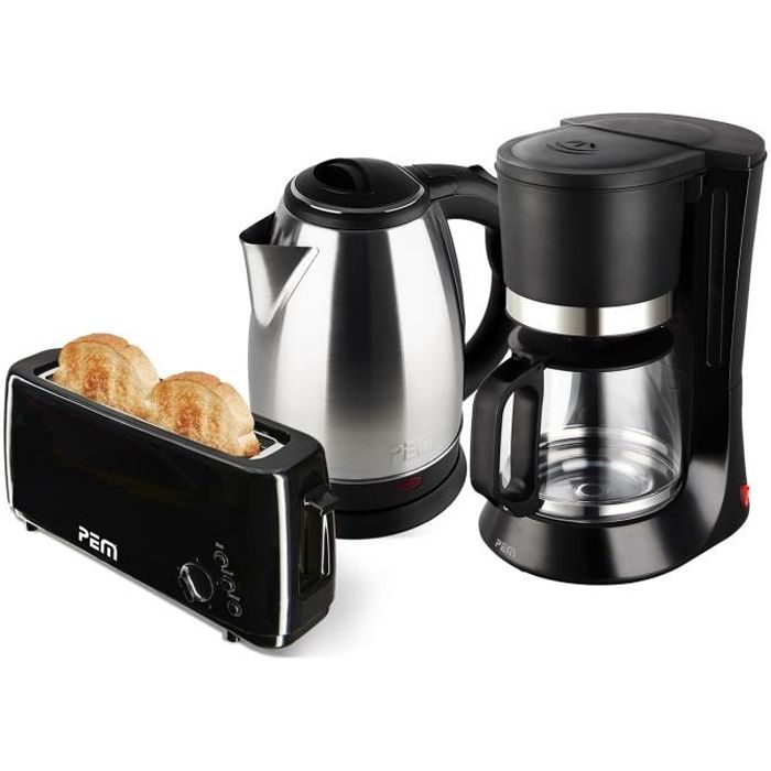 Bouilloire en inox 1500W 1.8L + Grille pain 1 fente longue 1000W + Cafetière 680W - 1.2L