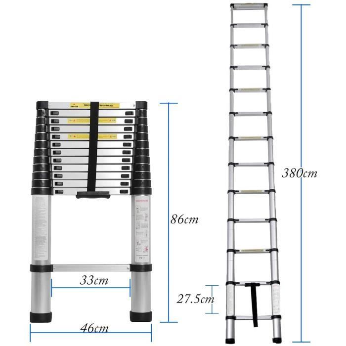 Crevette 3.8M Échelle Télescopique Pliante- Télescopique Multi-Fonction Echelle Pliable Extensible - Charge Maximale: 150 kg