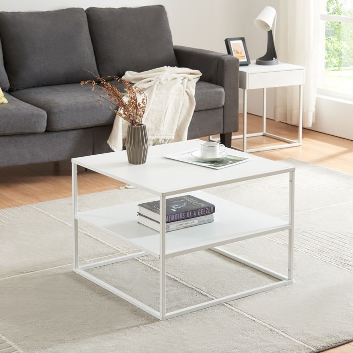 Table basse Solund avec plateau carré et étagère acier 60 x 60 x 45 cm blanc mat Table basse Solund avec plateau carré et étagère acier 60 x 60 x 45 cm blanc mat