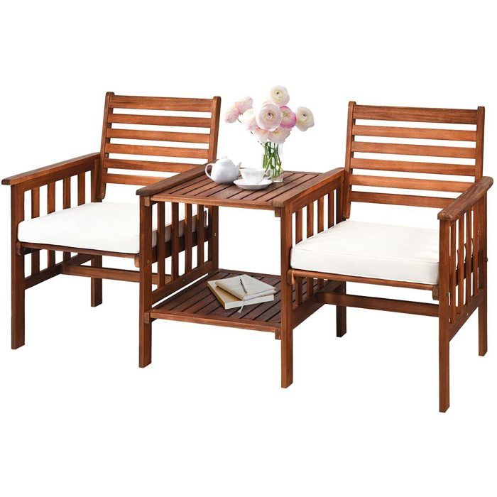 lot de 2 chaises avec coussins - table bois - trou pour parasol 5cm - ensemble de meubles extérieur - terrasse bistrot jardin