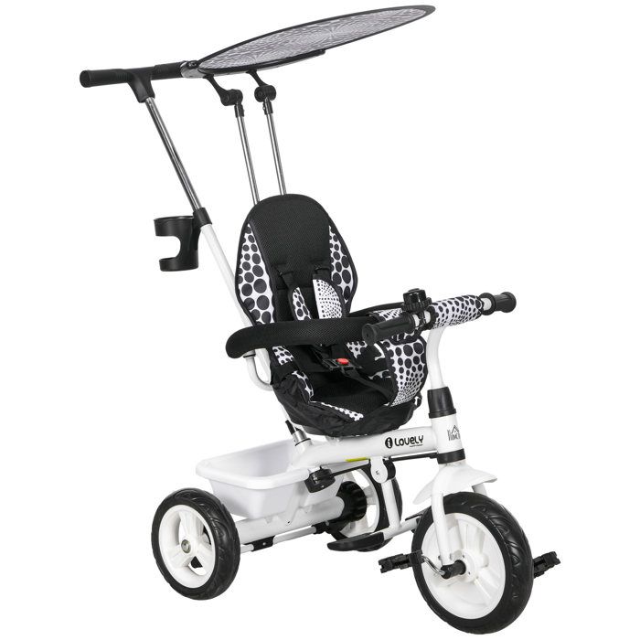 Tricycle Enfants HOMCOM Pare-Soleil Pliable Canne Amovible Benne Rangement 105 x 47 x 98 cm Acier Blanc et Noir