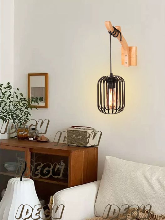 IDEGU Applique Murale Intérieur Vintage en Cage Lampe Murale Industriel avec Suport en Bois Design Lanternes pour Couloir Café