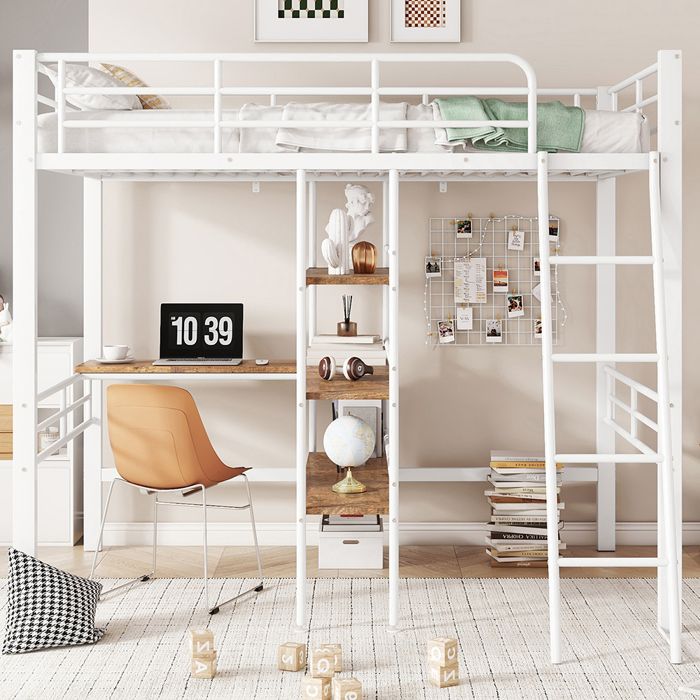 Lit mezzanine superposé 90x200 cm Lit avec bureau Plusieurs étagères Rampe Échelle Cadre en fer - SWEIKO - Blanc Lit mezzanine superposé 90x200 cm Lit avec bureau Plusieurs étagères Rampe Échelle Cadre en fer - SWEIKO - Blanc