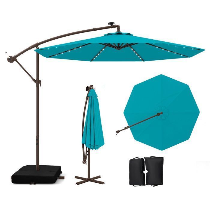 COSTWAY Parasol Déporté 3M avec 40 Lumières LED Panneau Solaire 6 HeuresBase Croisée Sac de Sable Tissu en Polyester UV 20+ Vert